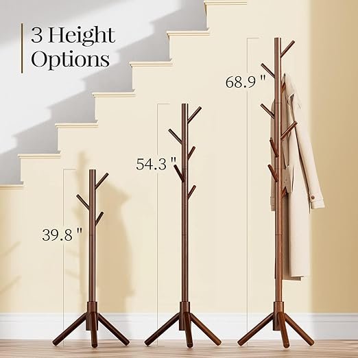 Pipishell Coat Rack Sturdy Wooden Coat Rack Stand, Adjustable Coat Tree, Free Standing Tree Hanger with 4 Sections & 8 Hooks
