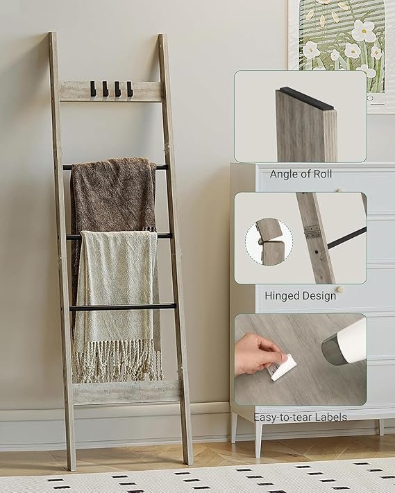 Hzuaneri Blanket Ladder for Living Room, Decorative Quilt Rack with 4 Removable Hooks, 5-Tier Farmhouse Ladder Holder Shelf Organizer for Bedroom, Greige and Black BR02105B - Image 12