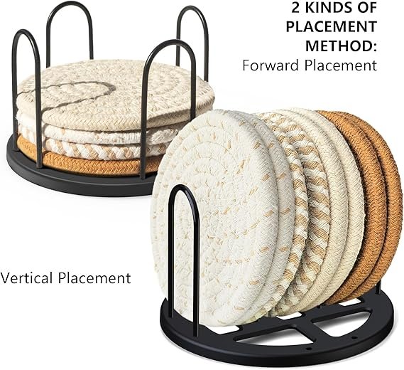 Lazebox Coasters Set of 8 for Drinks, Beer, Coffee, Cotton Woven 4 Colors Absorbent Coaster with Holder, Boho Coasters for Home Decor Tabletop Protection Suitable for Kinds of Cups, Coffee