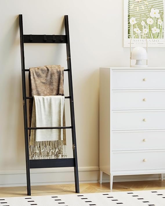 Hzuaneri Blanket Ladder for Living Room, Decorative Quilt Rack with 4 Removable Hooks, 5-Tier Farmhouse Ladder Holder Shelf Organizer for Bedroom, Greige and Black BR02105B - Image 9