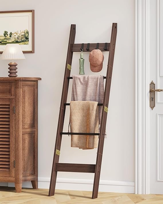 Hzuaneri Blanket Ladder for Living Room, Decorative Quilt Rack with 4 Removable Hooks, 5-Tier Farmhouse Ladder Holder Shelf Organizer for Bedroom, Greige and Black BR02105B - Image 4