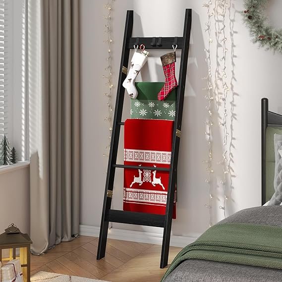Hzuaneri Blanket Ladder for Living Room, Decorative Quilt Rack with 4 Removable Hooks, 5-Tier Farmhouse Ladder Holder Shelf Organizer for Bedroom, Greige and Black BR02105B - Image 3